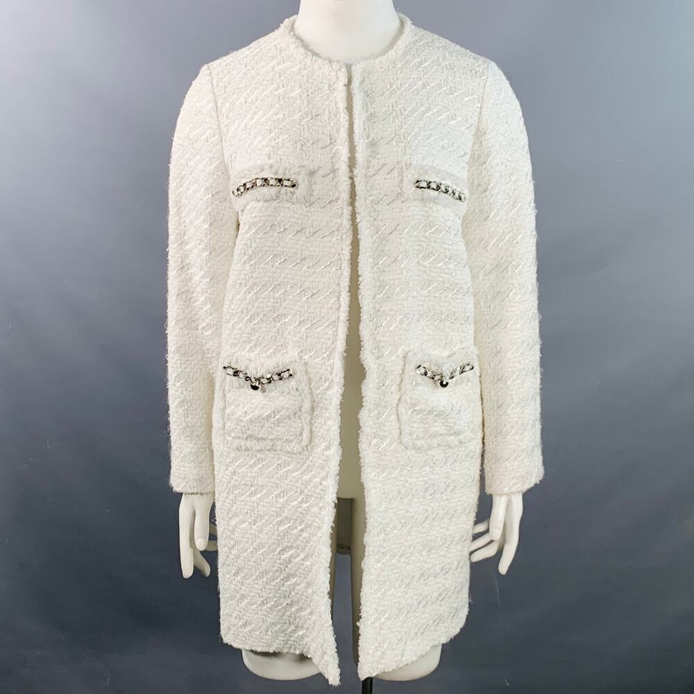 WEILL PARIS Size 12 White Cotton Blend Tweed Collarless Hook Eye Coat